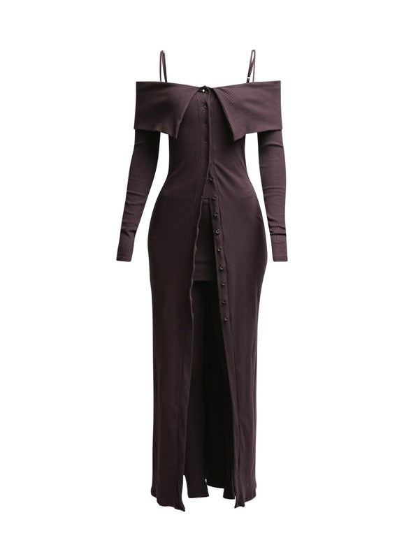 2 PC Cardigan Dress and Leggings Set  (Chocolate) image 0
