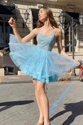 A-Line Blue Spaghetti Straps V-Neck Short Homecoming Dress