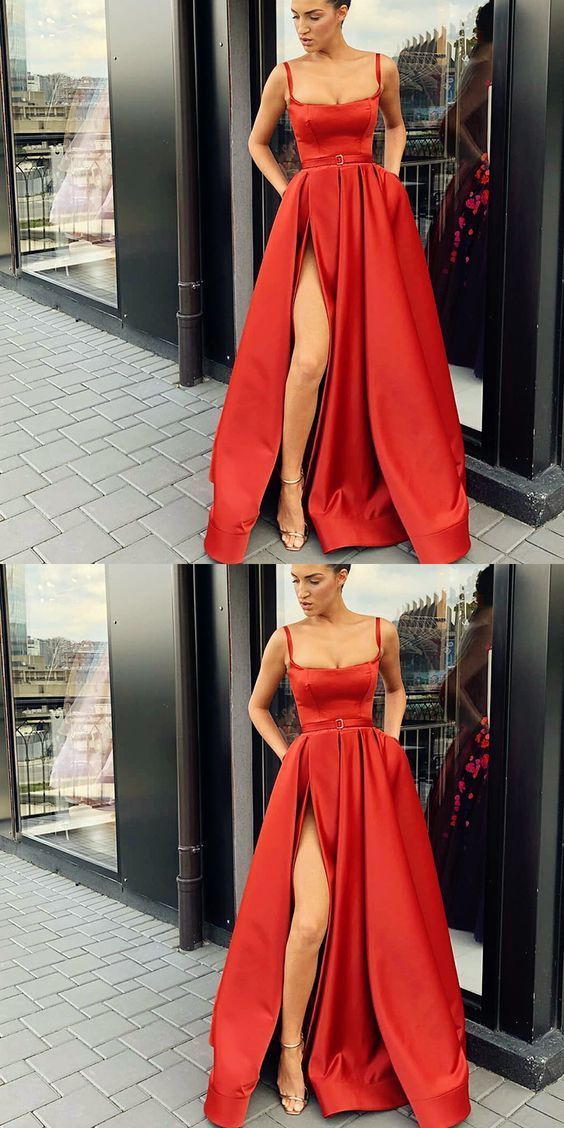 A-Line Custom Elegant Spaghetti Straps Split Front Red Prom Dresses with Belt, PD0940