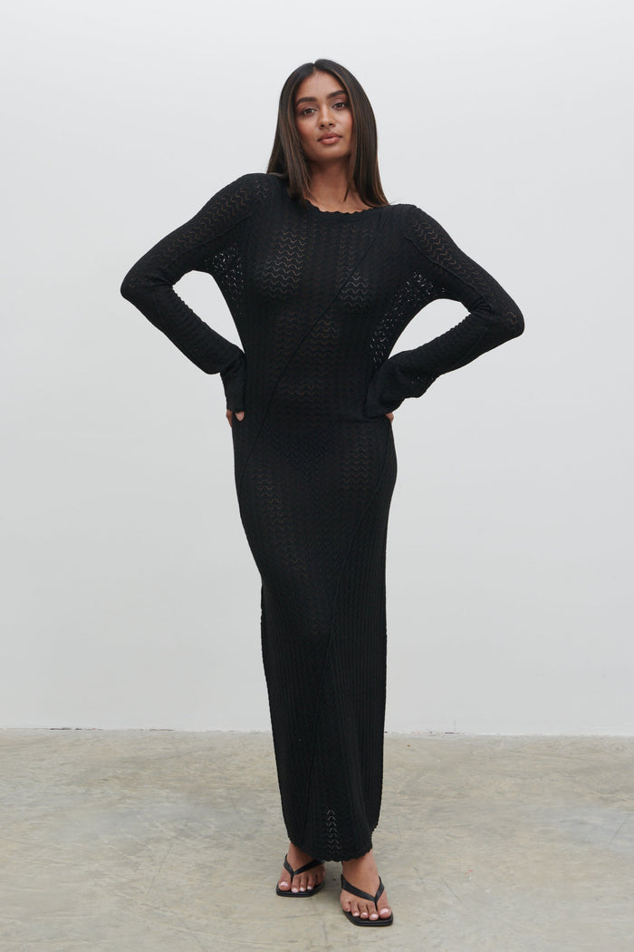 Sachi Is 5'7" & Wears Size UK S|Adeline Knit Midaxi Dress - Black