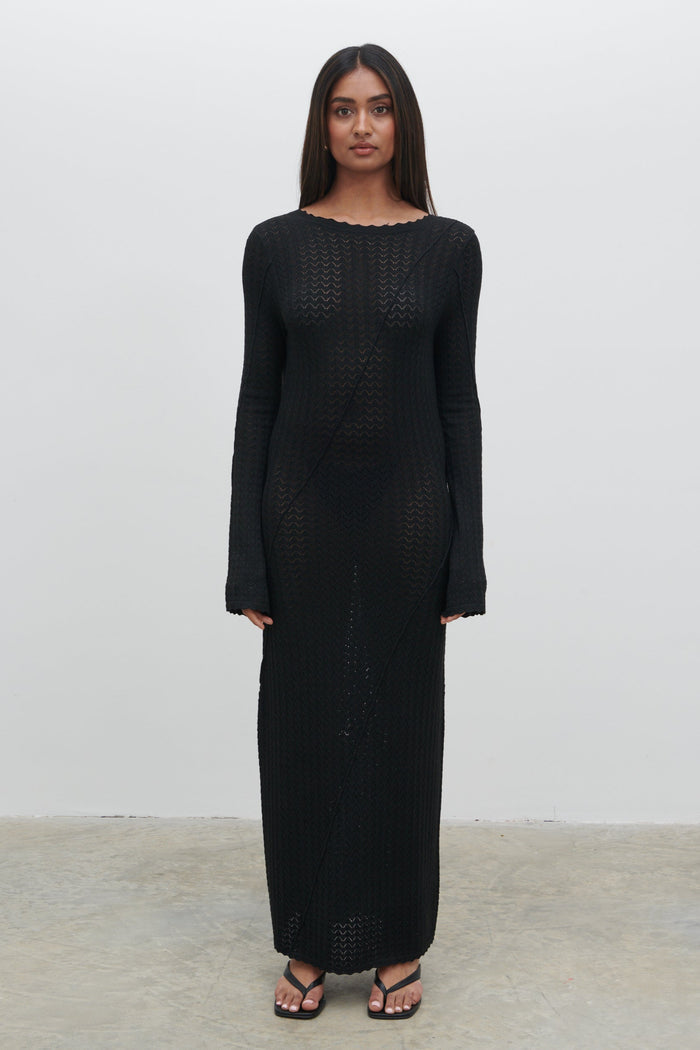 Sachi Is 5'7" & Wears Size UK S|Adeline Knit Midaxi Dress - Black