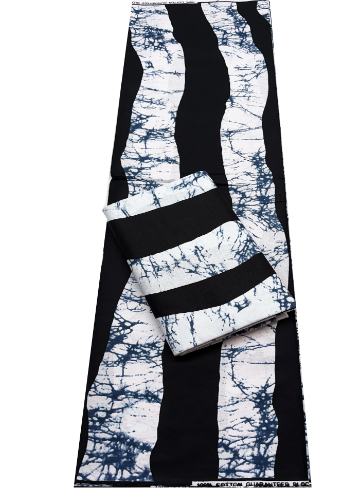 African Ankara Wax Print- Black Denim Blue White