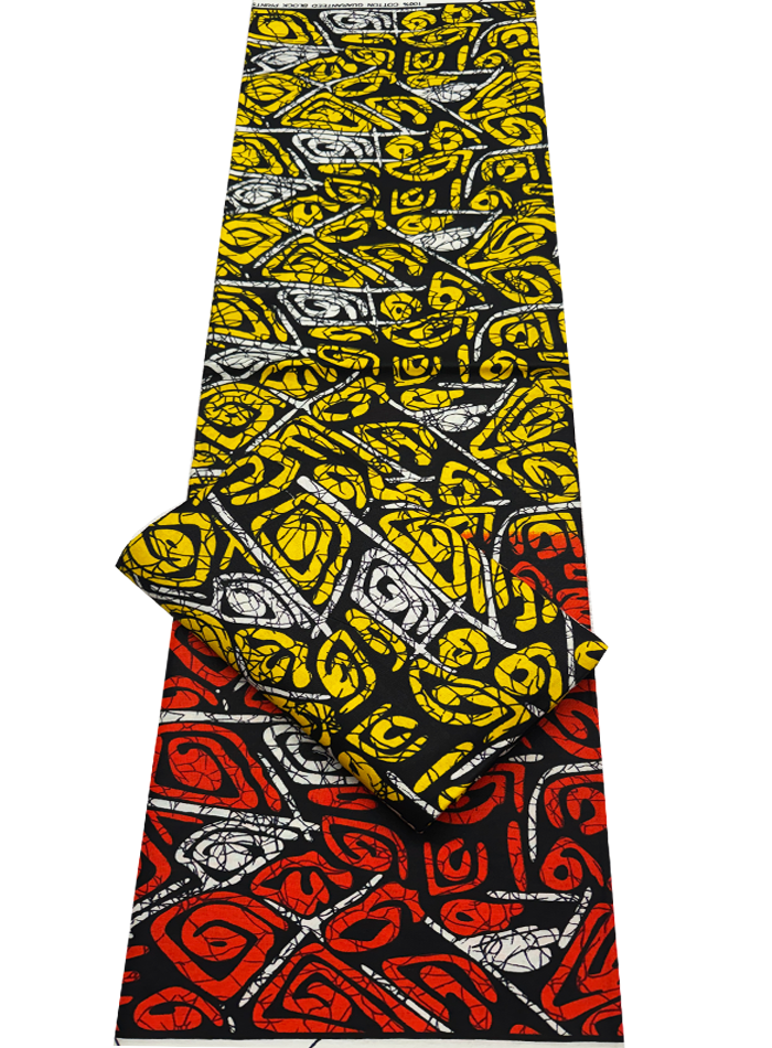 African Ankara Wax Print- Red-Orange Black Yellow White