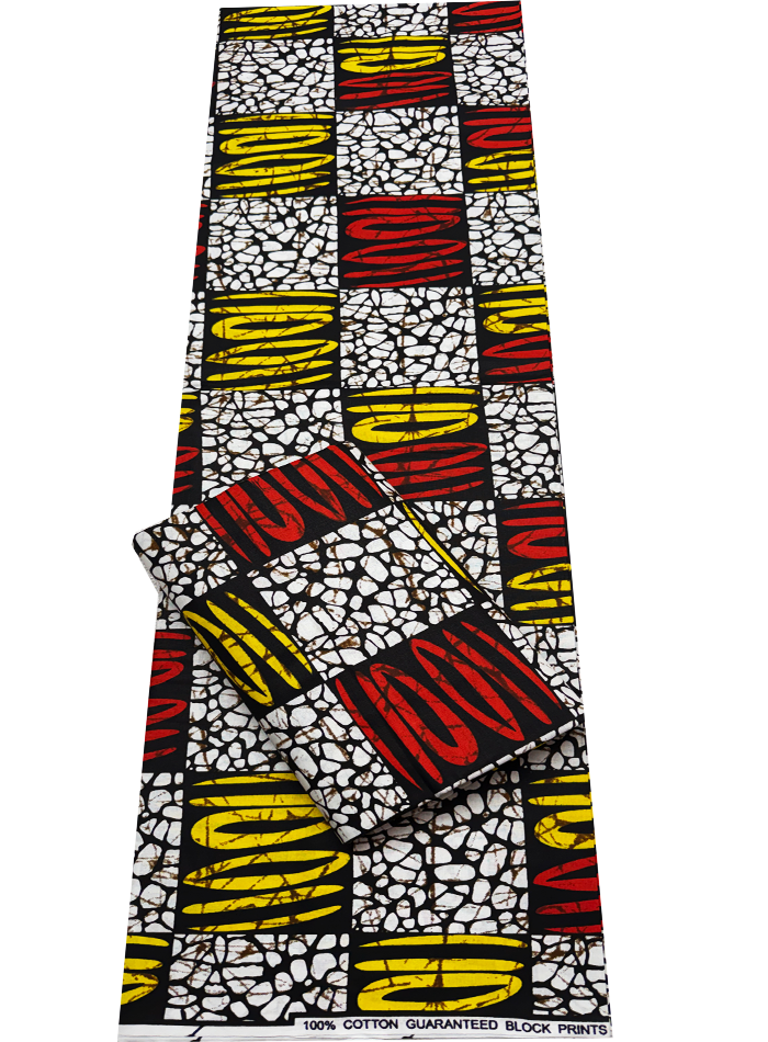 African Ankara Wax Print- Red-Orange Yellow White Black Brown
