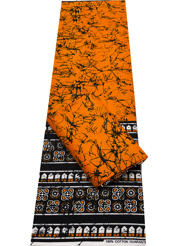 African Ankara Wax Print- Tangerine-Orange Black Off-White