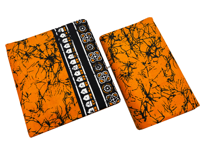 African Ankara Wax Print- Tangerine-Orange Black Off-White