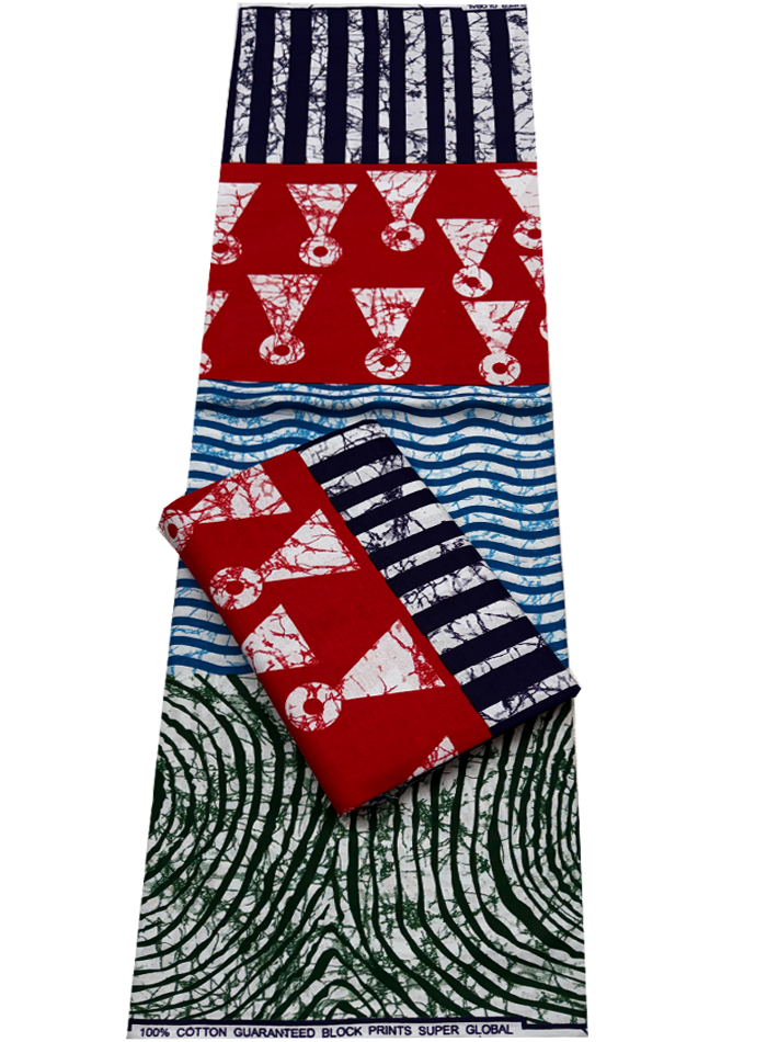 African Ankara Wax Print-Green Light Blue White Red Navy Blue