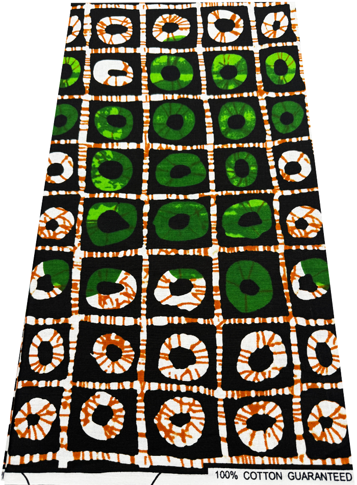 African Ankara Wrapper Wax Print- Forest Green Lime Burnt Orange Black White