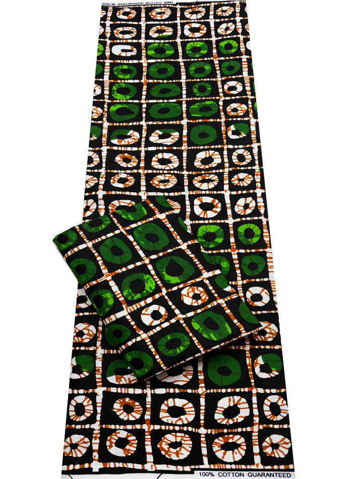African Ankara Wrapper Wax Print- Forest Green Lime Burnt Orange Black White