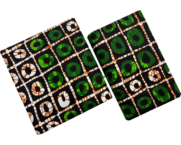 African Ankara Wrapper Wax Print- Forest Green Lime Burnt Orange Black White