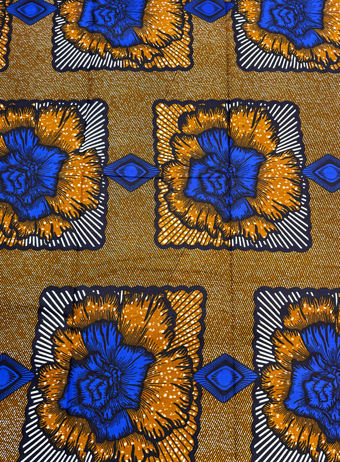 African Wax Print- Azure-Blue Black Golden-Brown White