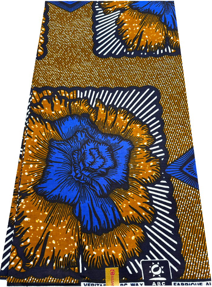 African Wax Print- Azure-Blue Black Golden-Brown White