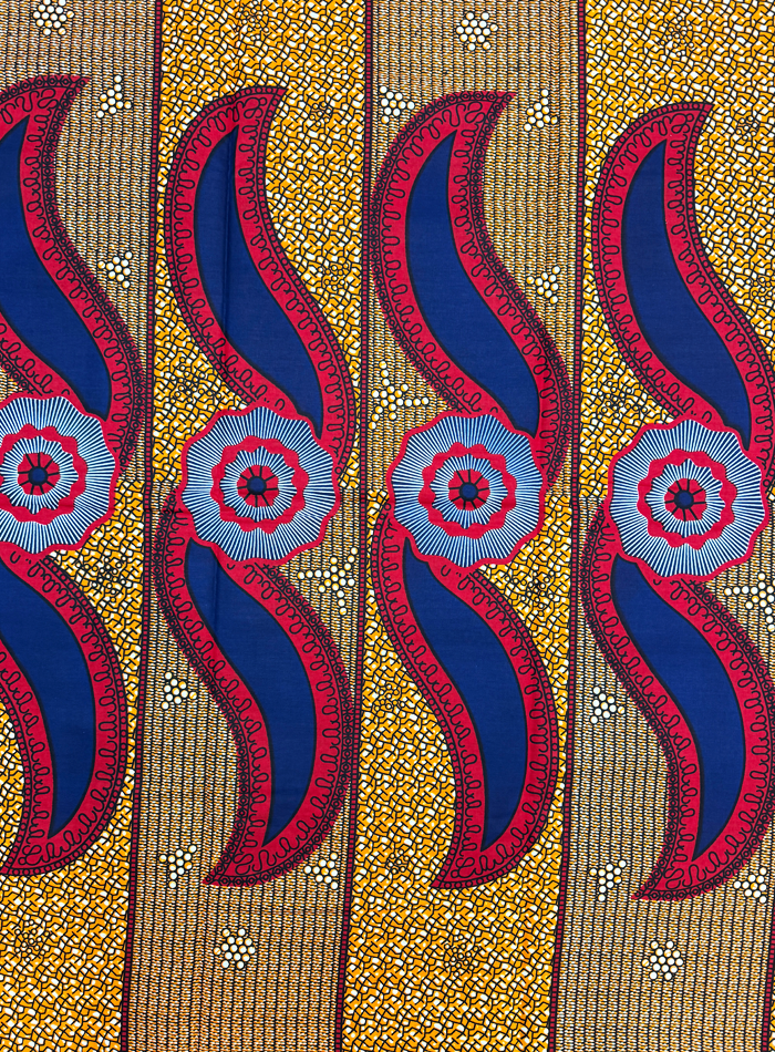African Wax Print- Red Black White Burnt Orange Blue