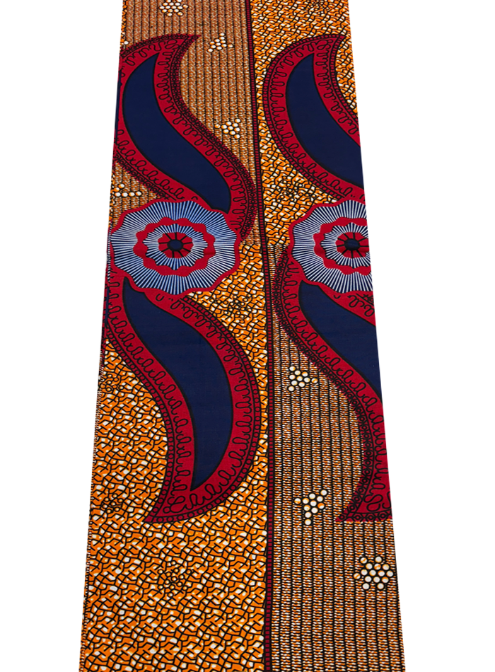 African Wax Print- Red Black White Burnt Orange Blue