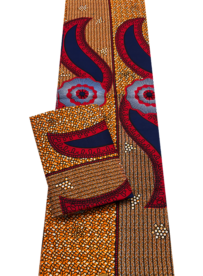 African Wax Print- Red Black White Burnt Orange Blue
