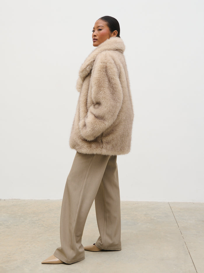 Elle Is 5'3" & Wears Size UK XS|Agatha Short Faux Fur Coat - Beige Marl