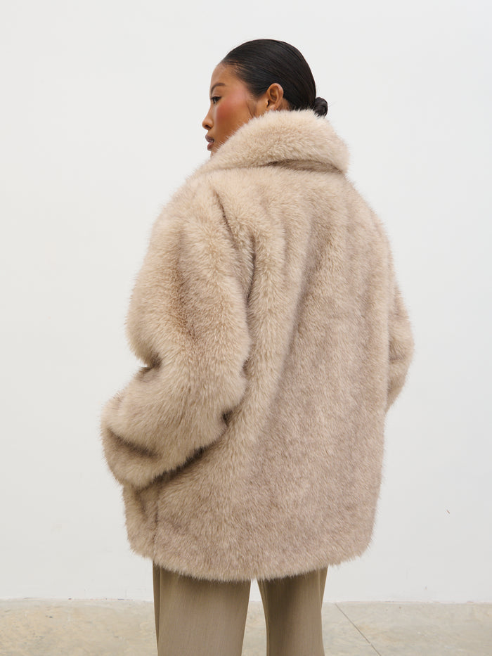 Elle Is 5'3" & Wears Size UK XS|Agatha Short Faux Fur Coat - Beige Marl