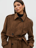 Taina Is 5'8.5" & Wears Size UK XS|Agnes Longline Faux Suede Trench Coat - Chocolate Brown