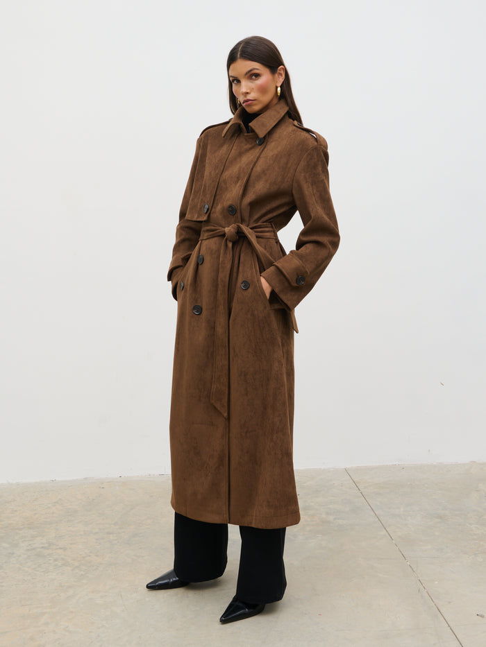 Taina Is 5'8.5" & Wears Size UK XS|Agnes Longline Faux Suede Trench Coat - Chocolate Brown