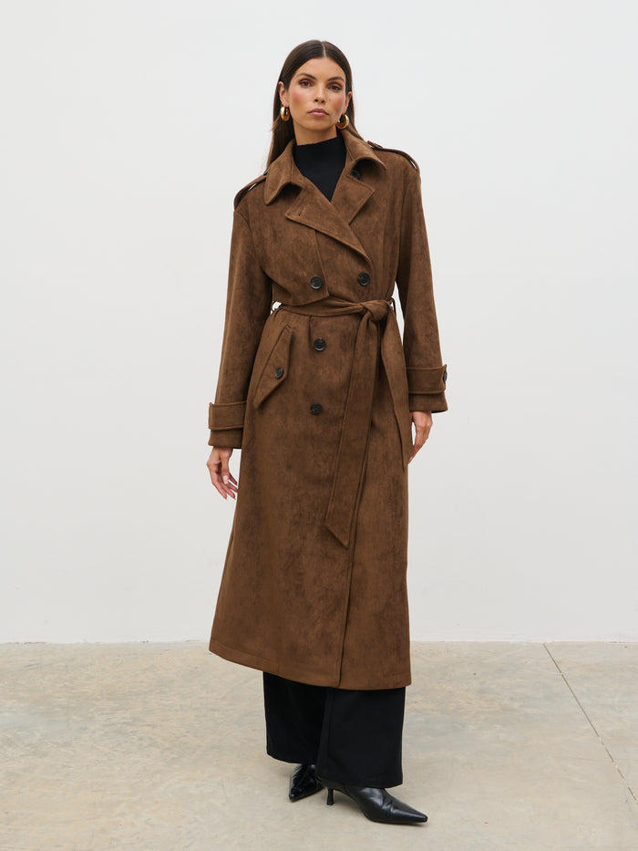 Taina Is 5'8.5" & Wears Size UK XS|Agnes Longline Faux Suede Trench Coat - Chocolate Brown