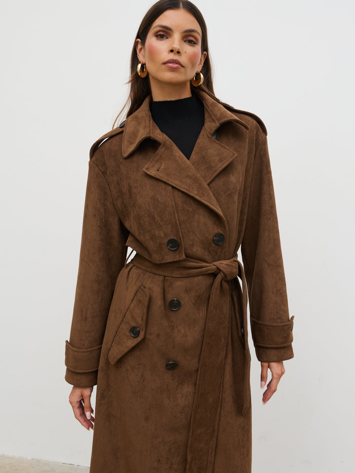 Taina Is 5'8.5" & Wears Size UK XS|Agnes Longline Faux Suede Trench Coat - Chocolate Brown
