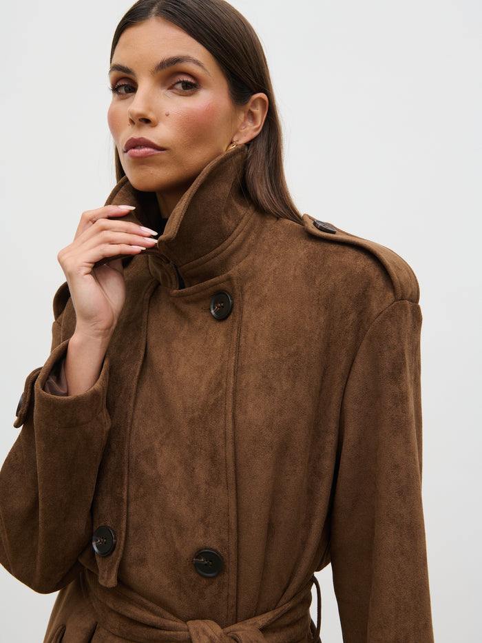 Taina Is 5'8.5" & Wears Size UK XS|Agnes Longline Faux Suede Trench Coat - Chocolate Brown