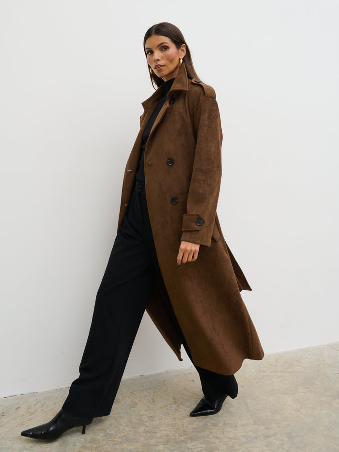 Taina Is 5'8.5" & Wears Size UK XS|Agnes Longline Faux Suede Trench Coat - Chocolate Brown