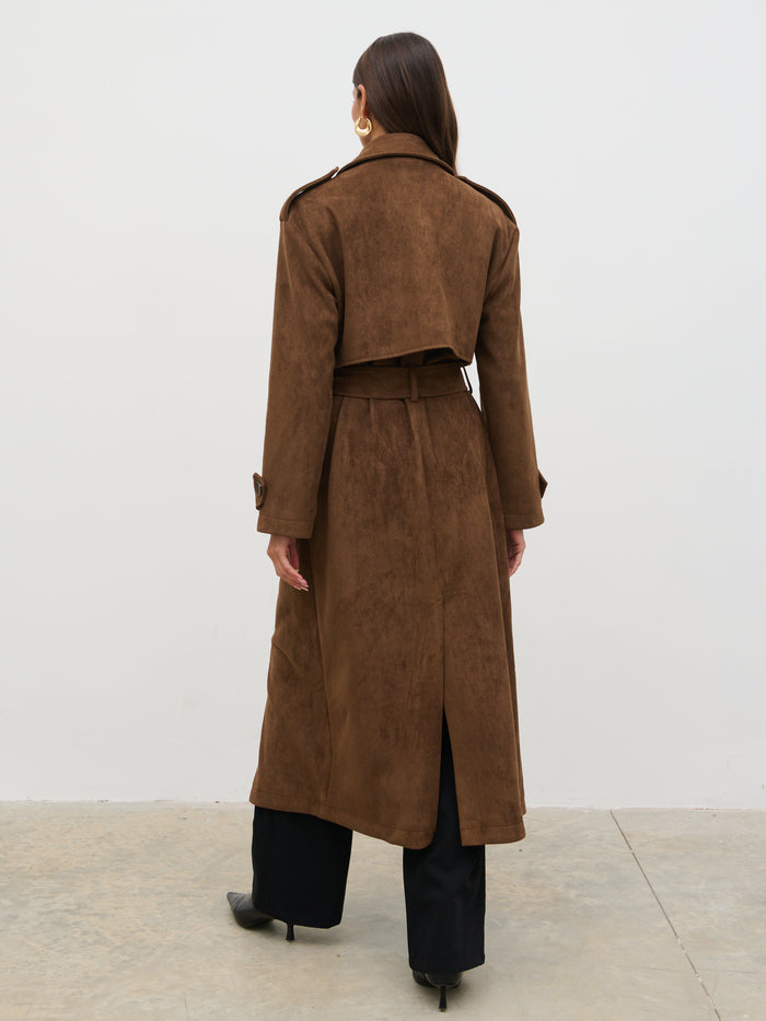 Taina Is 5'8.5" & Wears Size UK XS|Agnes Longline Faux Suede Trench Coat - Chocolate Brown