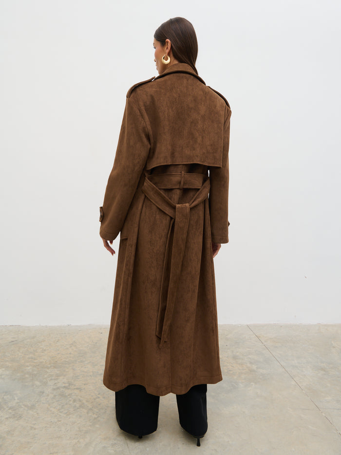 Taina Is 5'8.5" & Wears Size UK XS|Agnes Longline Faux Suede Trench Coat - Chocolate Brown