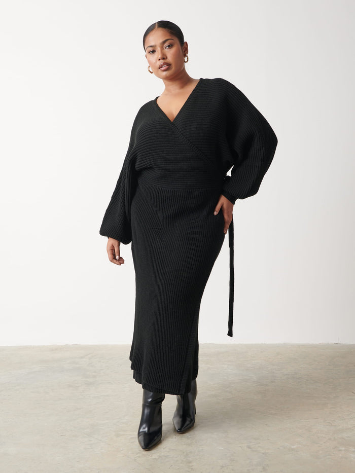 Kaffya Is 5'7" & Wears Size UK L|Aidan Cosy Wrap Dress Curve - Black