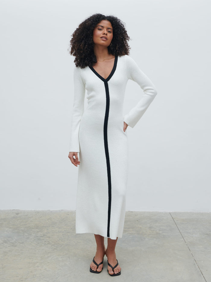 Ailey Contrast Seam Knit Midaxi Dress - Cream and Black