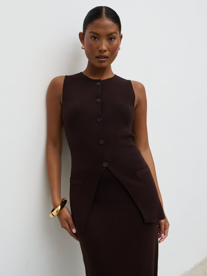 Elle Is 5'3" & Wears Size UK XS|Alba Knit Waistcoat - Chocolate