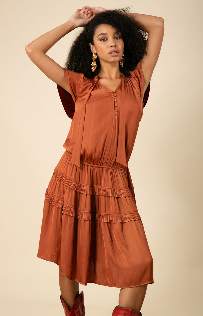 Alexandria Solid Midi Drop Waist Dress, color_rust