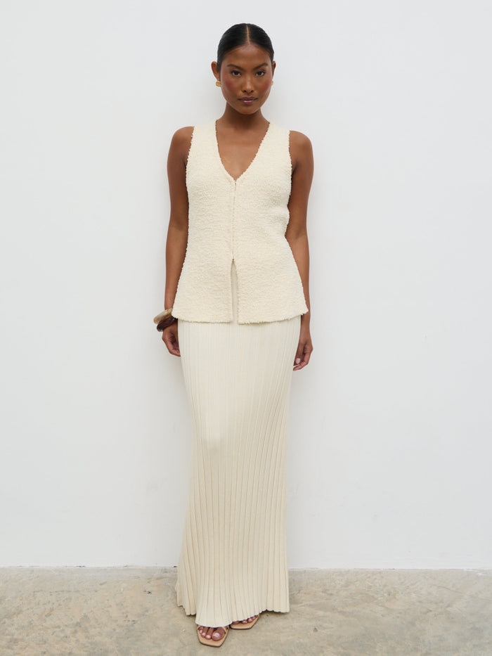 Elle Is 5'3" & Wears Size UK XS|Alma Pleated Knit Maxi Skirt - Cream