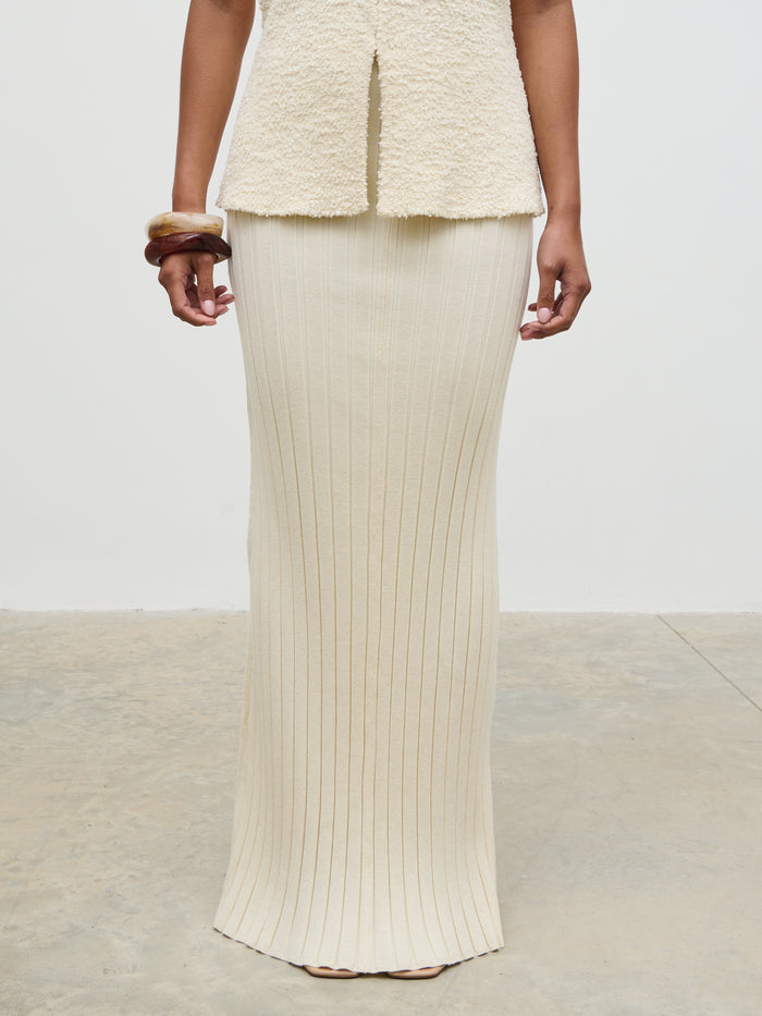 Elle Is 5'3" & Wears Size UK XS|Alma Pleated Knit Maxi Skirt - Cream
