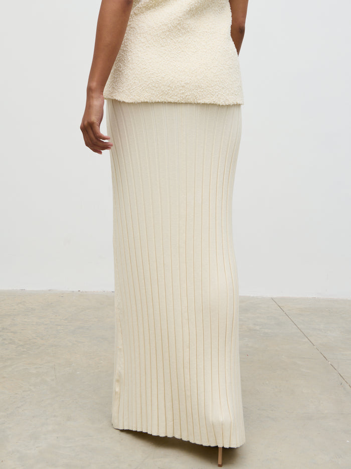 Elle Is 5'3" & Wears Size UK XS|Alma Pleated Knit Maxi Skirt - Cream