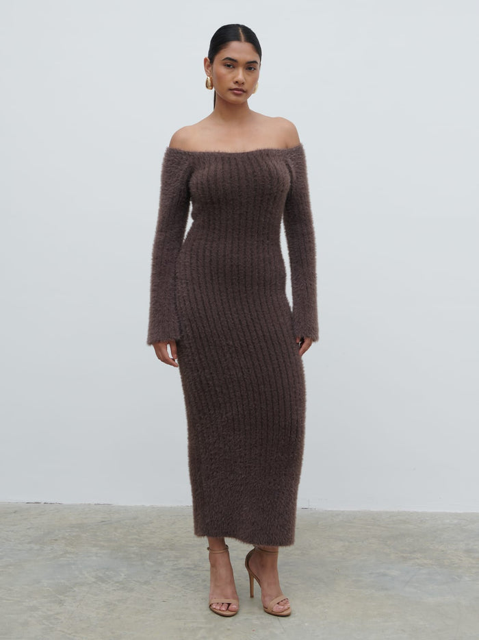 Candy Is 5'6" & Wears Size UK S|Alora Fluffy Knit Midaxi Dress - Chocolate Plum
