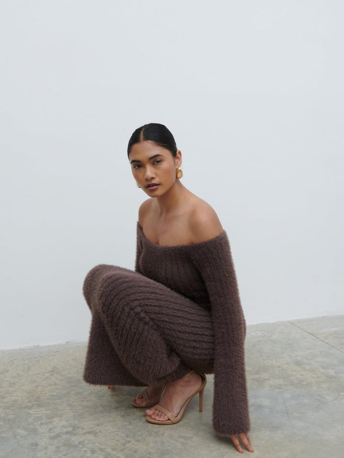 Candy Is 5'6" & Wears Size UK S|Alora Fluffy Knit Midaxi Dress - Chocolate Plum