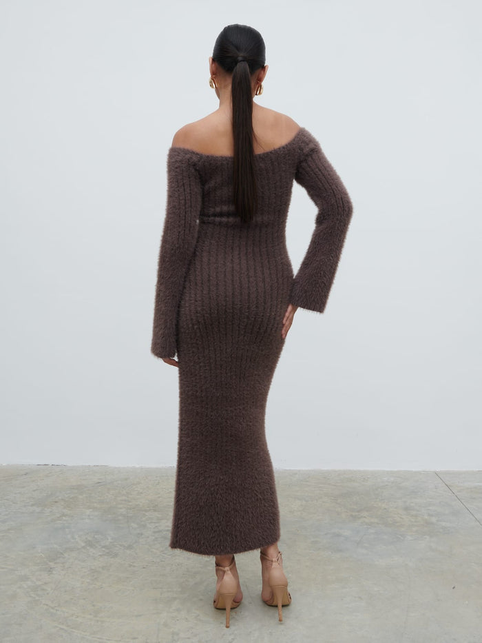 Candy Is 5'6" & Wears Size UK S|Alora Fluffy Knit Midaxi Dress - Chocolate Plum