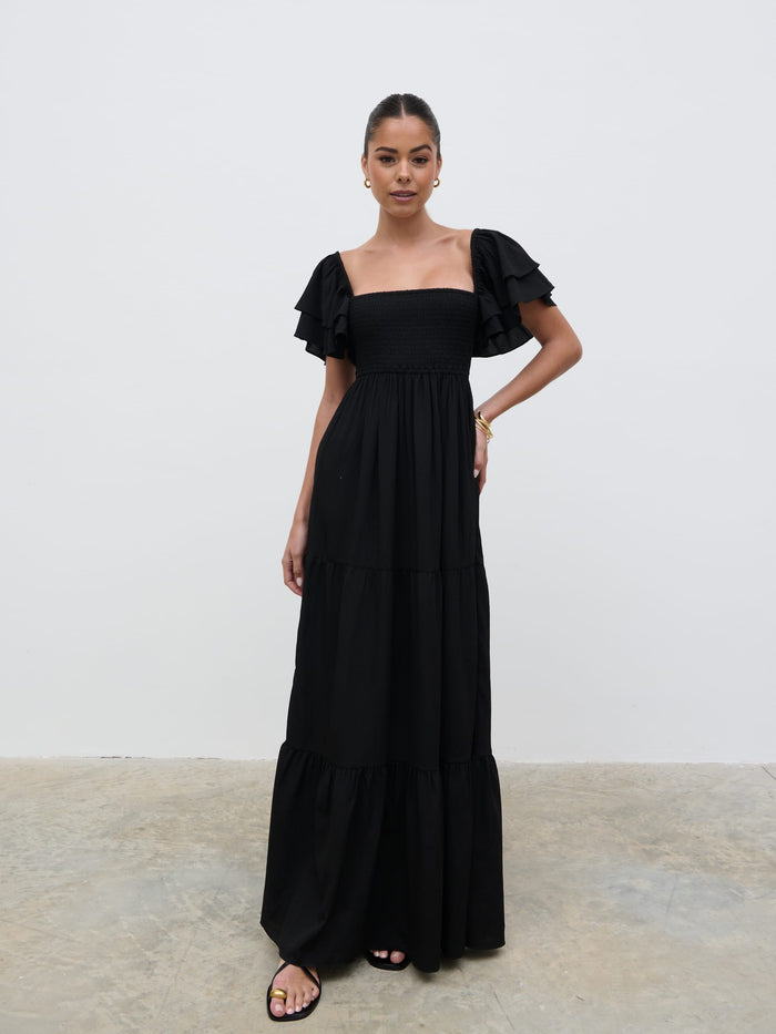 Elissa Is 5'8.5" & Wears Size UK 8|Althea Frill Easywear Day Dress - Black