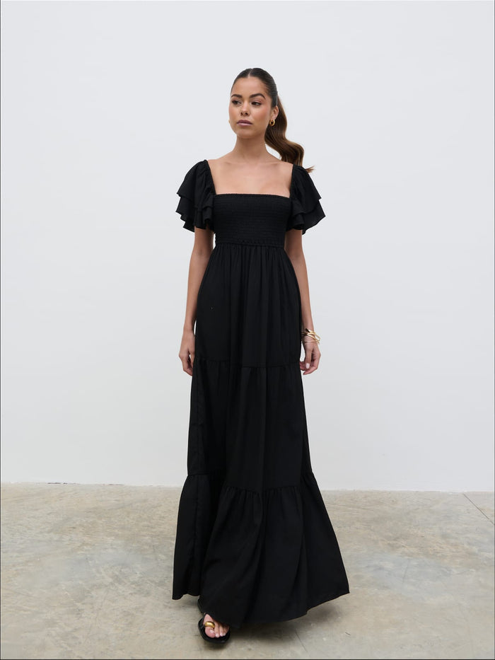 Elissa Is 5'8.5" & Wears Size UK 8|Althea Frill Easywear Day Dress - Black