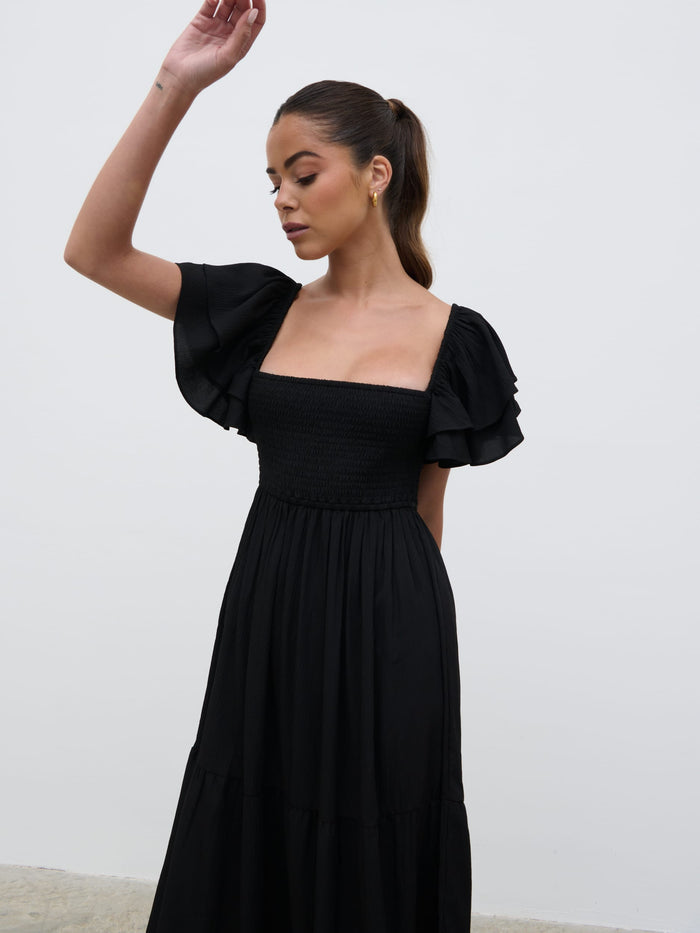 Elissa Is 5'8.5" & Wears Size UK 8|Althea Frill Easywear Day Dress - Black