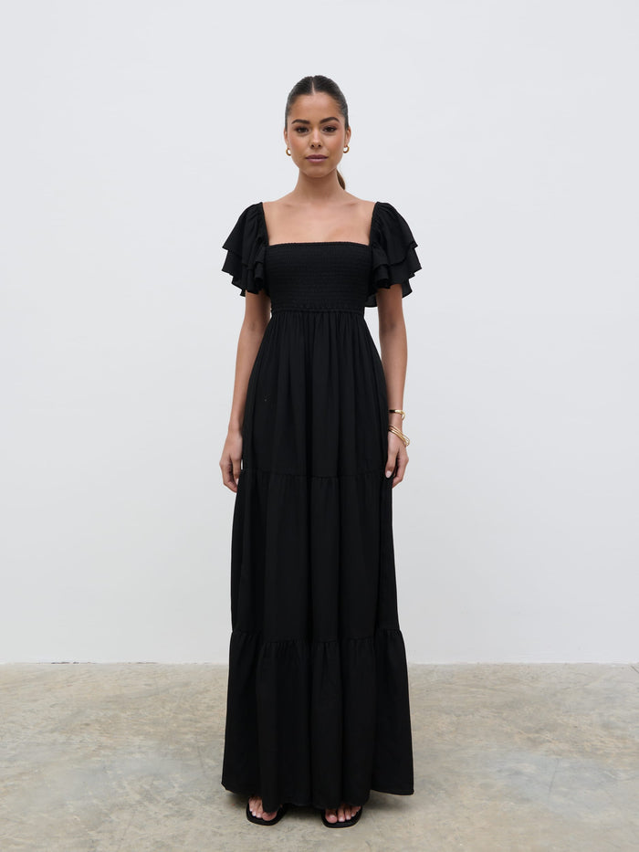 Elissa Is 5'8.5" & Wears Size UK 8|Althea Frill Easywear Day Dress - Black