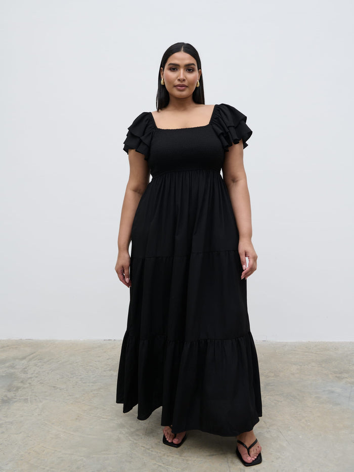 Souki Is 5'8" & Wears Size UK 18|Althea Frill Easywear Day Dress Curve - Black