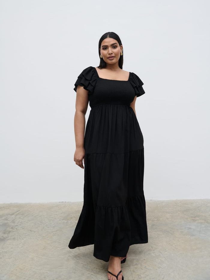 Souki Is 5'8" & Wears Size UK 18|Althea Frill Easywear Day Dress Curve - Black