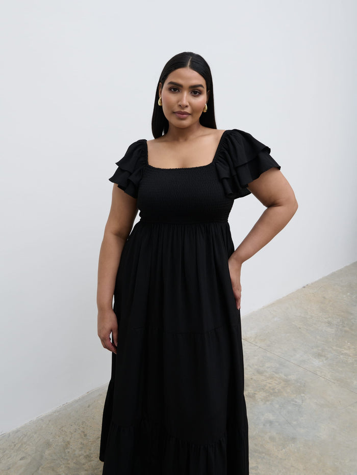 Souki Is 5'8" & Wears Size UK 18|Althea Frill Easywear Day Dress Curve - Black