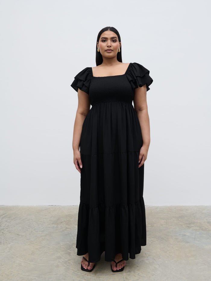 Souki Is 5'8" & Wears Size UK 18|Althea Frill Easywear Day Dress Curve - Black
