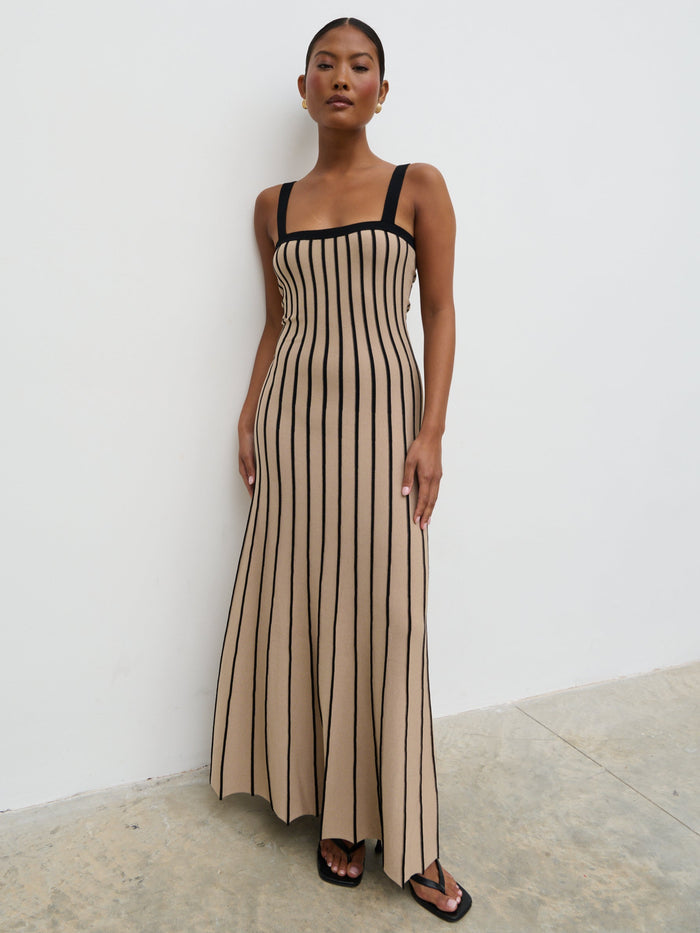 Elle Is 5'3" & Wears Size UK XS|Alyssia Stripe Long Midaxi Knit Dress - Dark Beige and Black