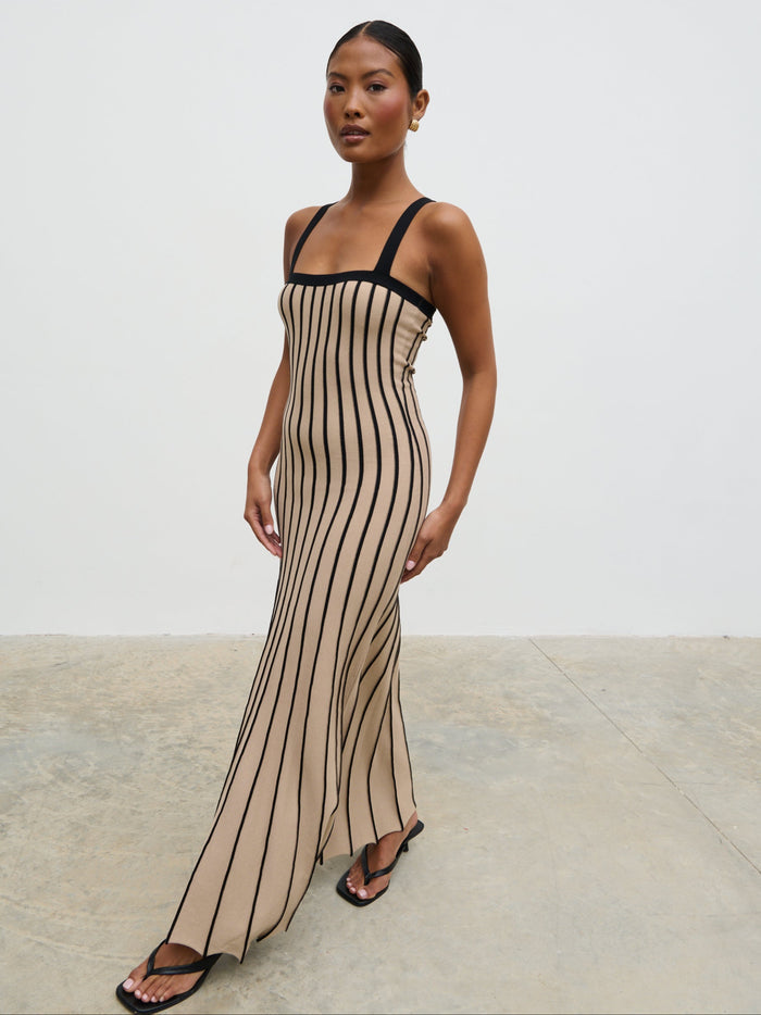 Elle Is 5'3" & Wears Size UK XS|Alyssia Stripe Long Midaxi Knit Dress - Dark Beige and Black