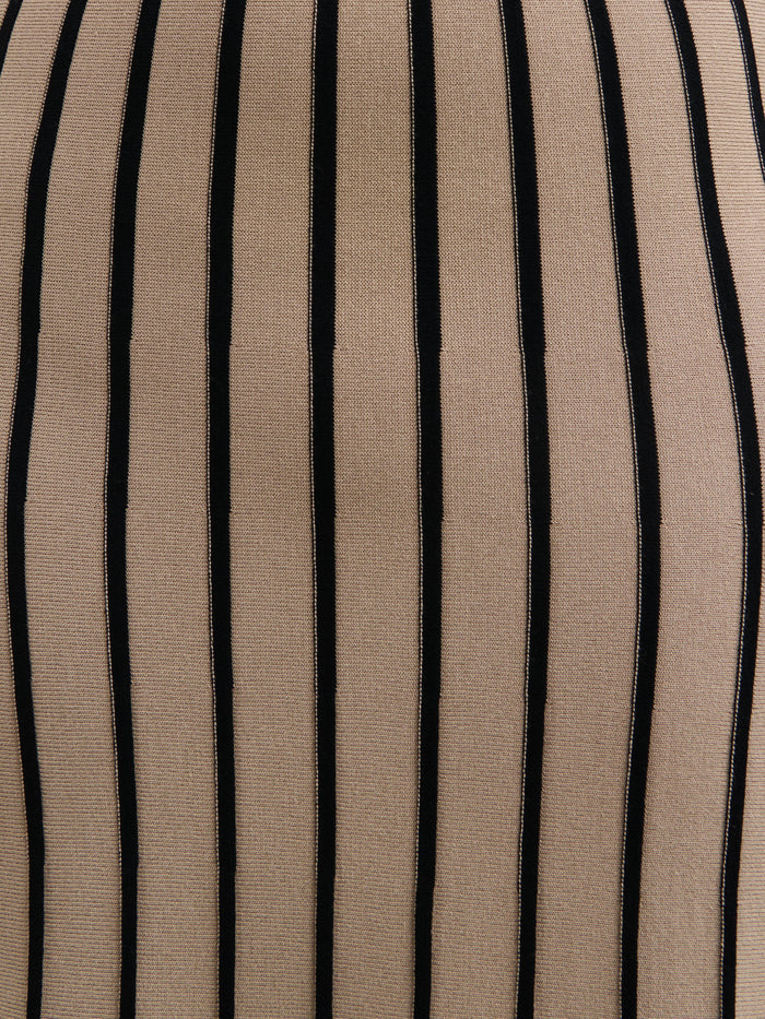 Elle Is 5'3" & Wears Size UK XS|Alyssia Stripe Long Midaxi Knit Dress - Dark Beige and Black
